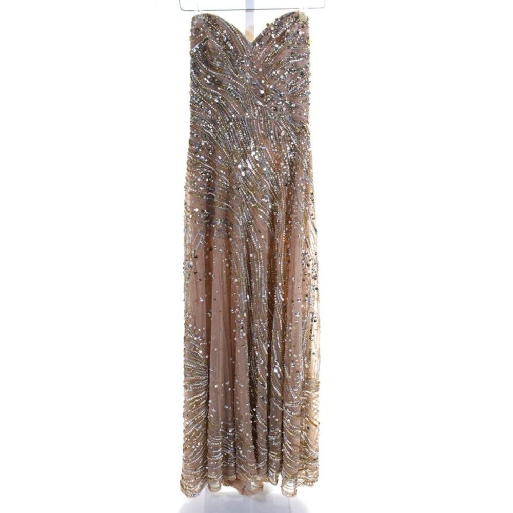 Elie Saab Womens Back Zip Sweetheart Beaded Embellished Midi Dress Gold IT 38